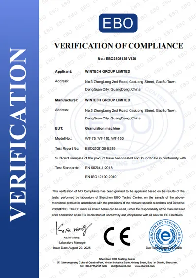 wintech pelletizer ce certification